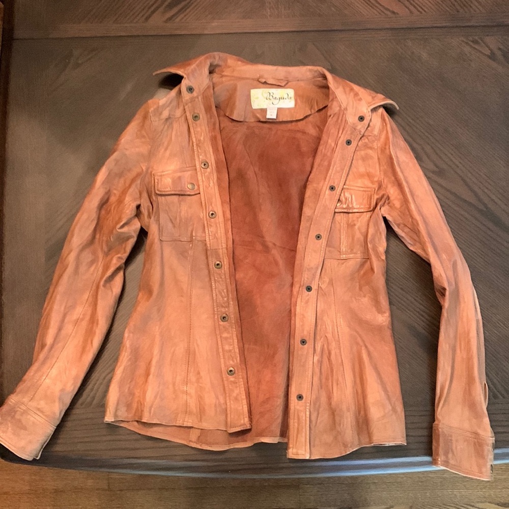 Carmel-colored leather jacket